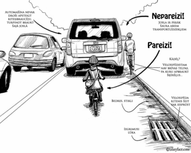 Zīmējums no http://bikeyface.com, kurā uzskatāmi parādīts, kā slikta pozīcijas izvēle velosipēdistu pakļauj briesmām.