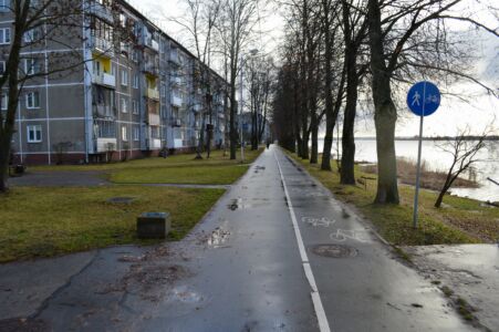 Horizontālais veloceļu marķējums iekrāsots ar neierastu regularitāti - ik pēc 5-10 metriem. Acīmredzot šādi dome centusies risināt problēmu ar gājējiem un velosipēdistiem, kuri neievēro baltos ceļa apzīmējumus.