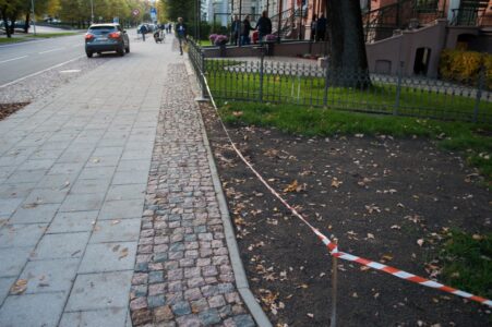 Citviet raupjais granīta bruģis brīdina arī par zālāju.