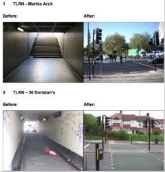 Londona - kopš 2009. gada pilsēta uzsākusi pazemes gājēju pārejas aizvietot ar virszemes gājēju pārejām.